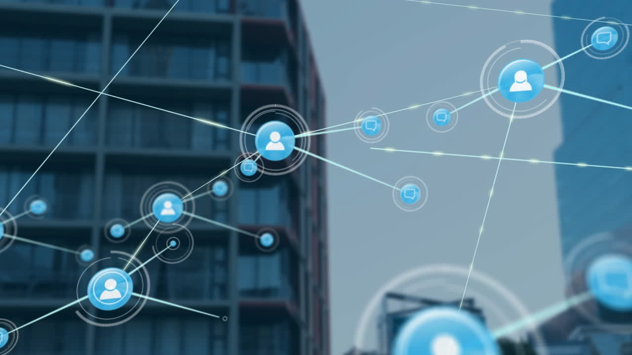 Animation of network of connections with icons over cityscape