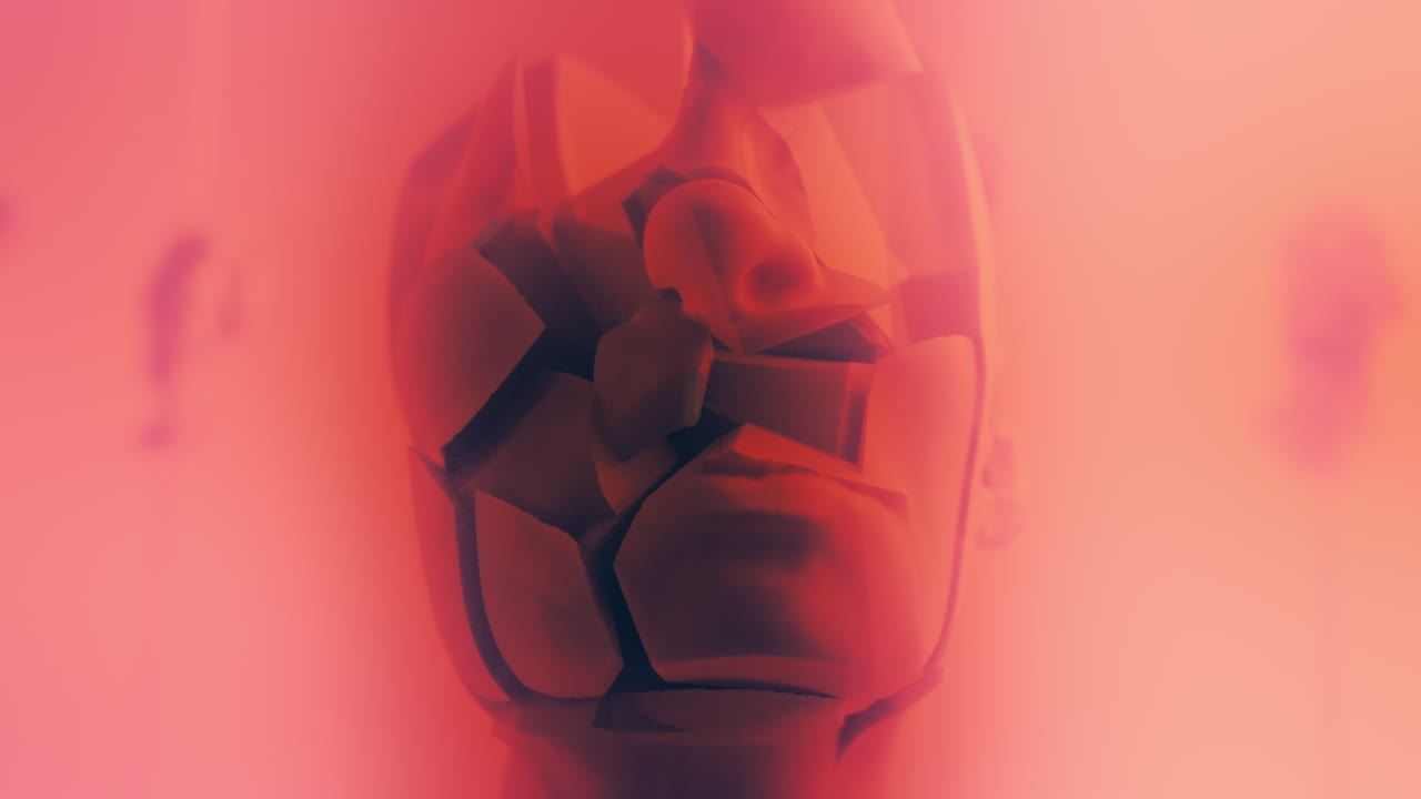 Destroyed android heads on spikes on the neon pink background