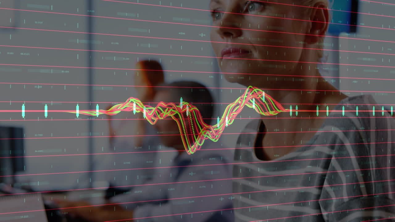 Animation of financial graphs over caucasian woman working in office