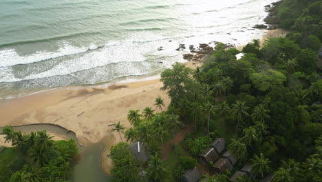 Palm-tree-tropical-coastline-and-sandy-river-estuary,-aerial-tilt-up-to-golden-hour-sky-light