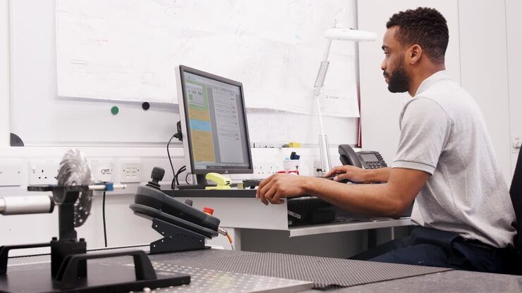Male Engineer Uses CMM Coordinate Measuring Machine In Factory