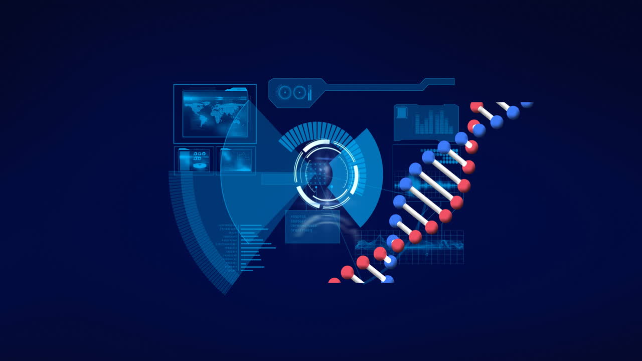 animazione dell'interfaccia digitale con elaborazione dei dati e filamento del filamento di dna su sfondo scuro