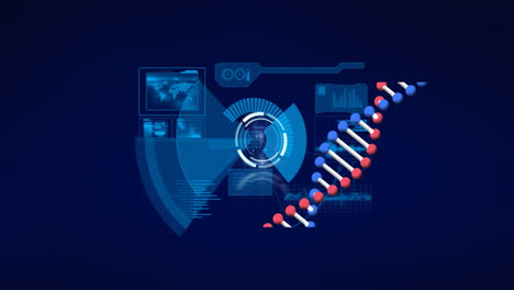animation of digital interface with data processing and spinning dna strand over dark background