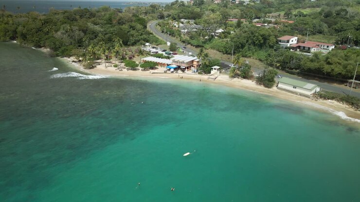 Incredibile veduta aerea delle acque cristalline della spiaggia di Mt Irvine, sull'isola caraibica di Tobago.