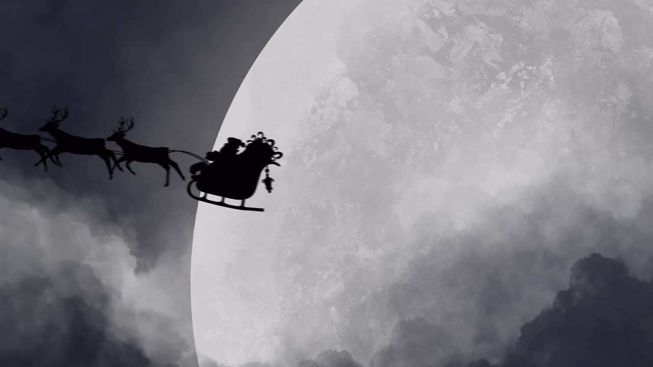 Silhouette of Santa Claus in sleigh being pulled by reindeers against moon