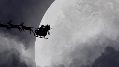 silhouette of santa claus in sleigh being pulled by reindeers against moon