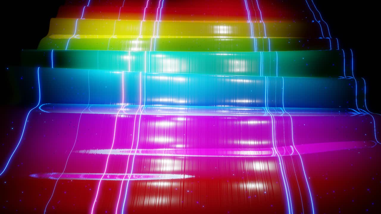 superficie 3d abstracta con hermosas olas, chispas luminosas y gradiente de color brillante, colores del arco iris. las olas corren en una superficie muy brillante y brillante con brillo brillante y líneas de brillo. animación en bucle de 4k