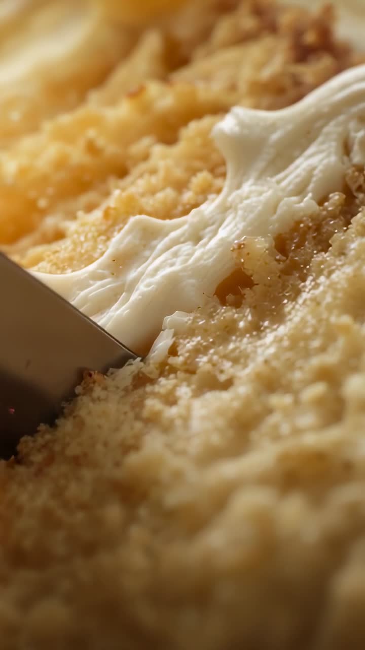 Vertical video: Cutting knife blade slicing cake with cream ribbon on tray, entering left to serve
