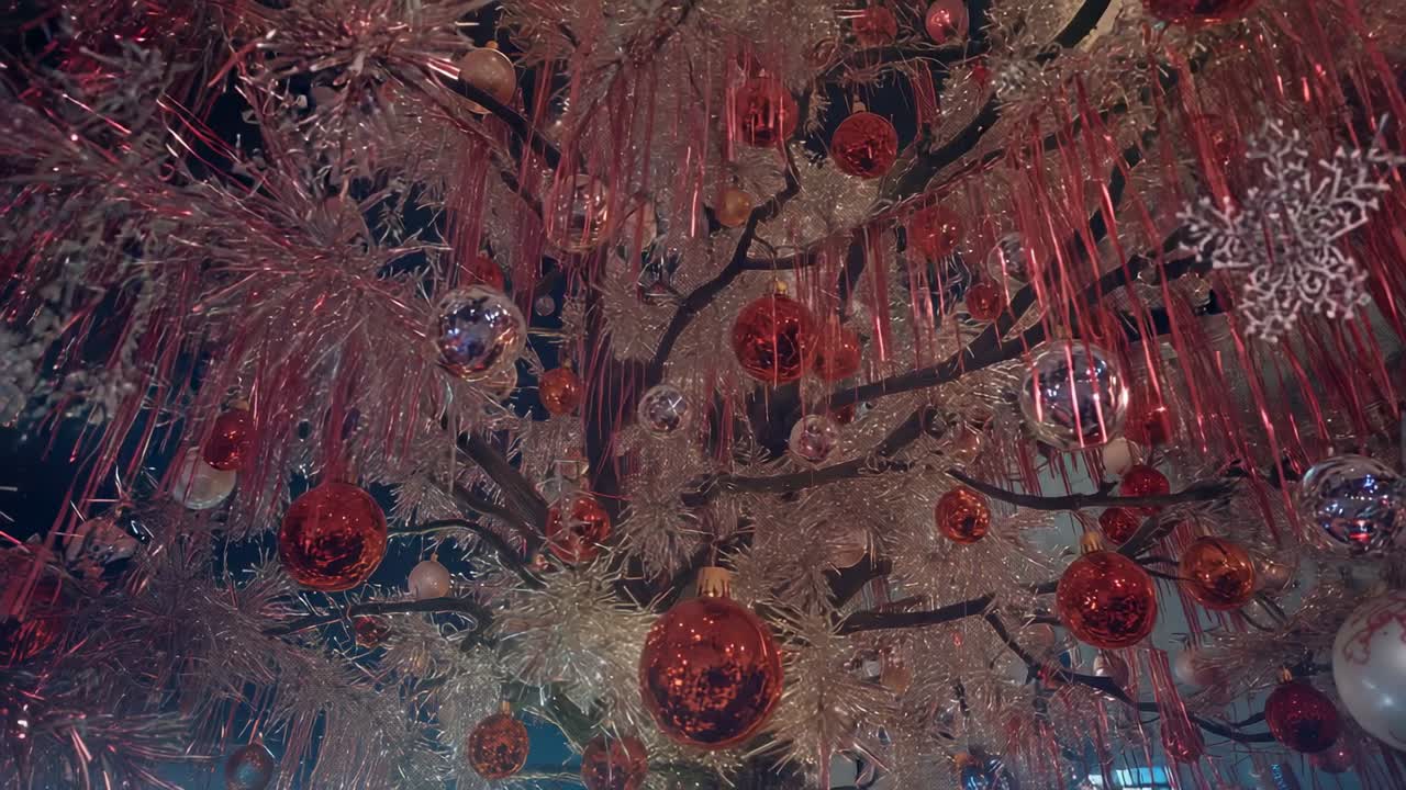 Entering top-left, frosted tinsel drifting across decorated tree in showroom, revealing red baubles