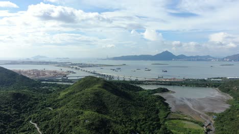 hong kong zhuhai macau bridge on a beautiful day, wide angle aerial view