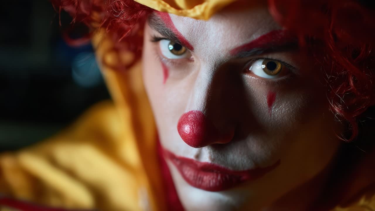 A Close-Up Encounter with a Unique Clown: Bold Colors, Expressive Makeup, and an Intriguing Gaze Captured in Two Distinct Frames