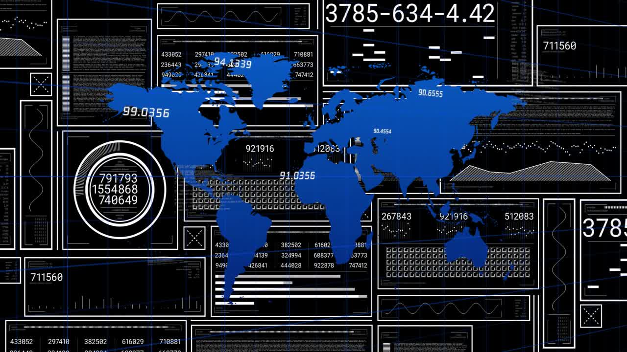 Frame one opening, dashboard animating around centered blue map, gauge cycling to highlight readout