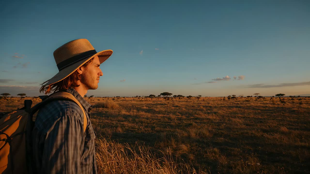 Staande man kijkt naar zonsondergang op grasland tijdens het gouden uur met hoed en rugzak, kopieerruimte
