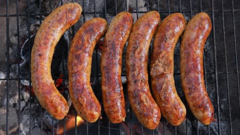 delicious juicy sausages, cooked on the grill with a fire.