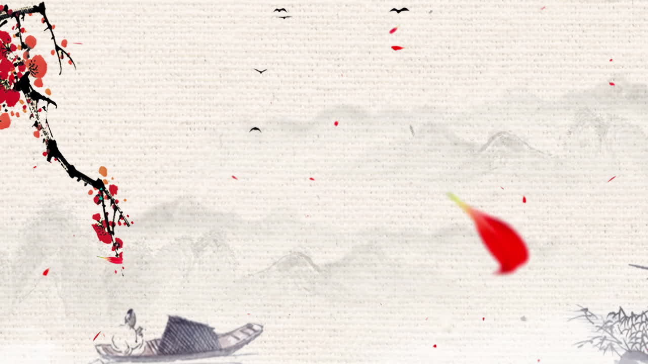 신비로운 중국의 전통 동양 디지털 예술 중국 스타일 문학 잉크 풍경 보트 플 꽃 배경, 레트로 페인팅 잉크 은 산과 꽃, 나무, 새, 강 안개 배경