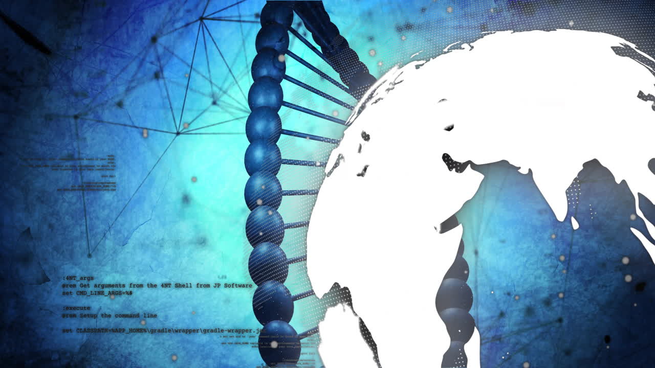 animación de la cadena de adn y el globo sobre el procesamiento de datos en fondo azul