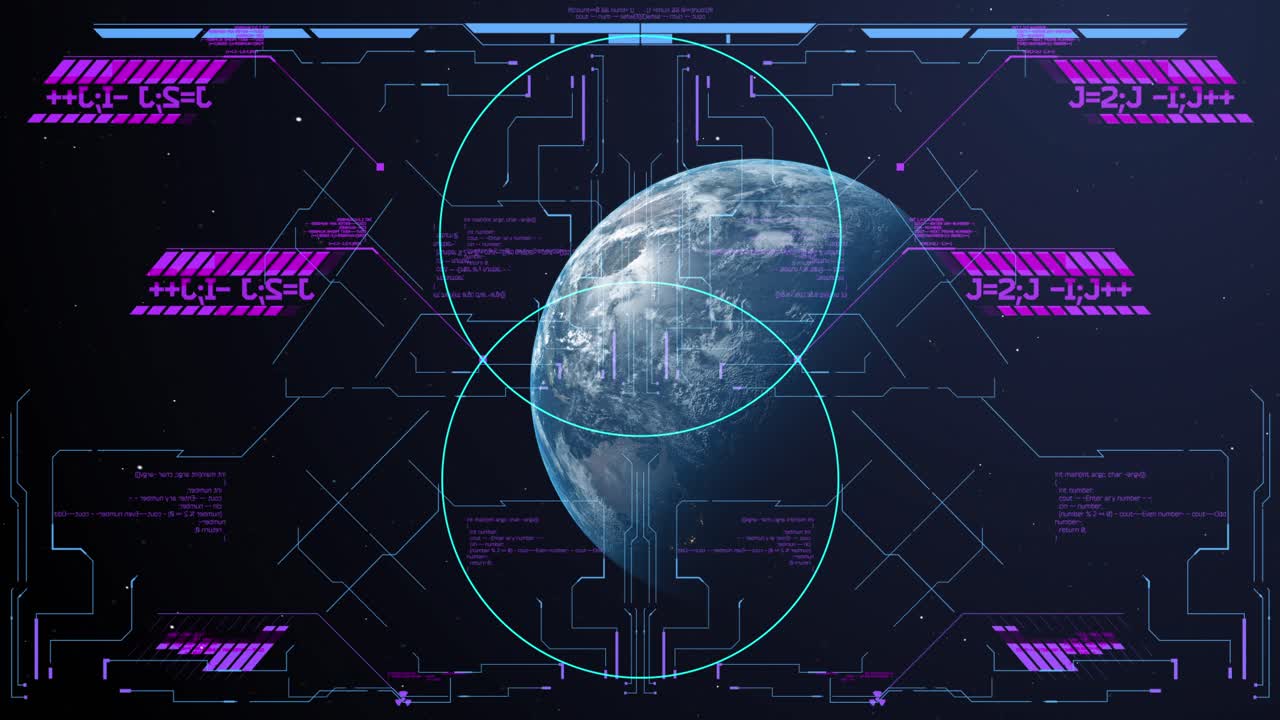 A purple and blue futuristic HUD interface with circular elements scans planet Earth from space, high-tech concept for sci-fi or surveillance