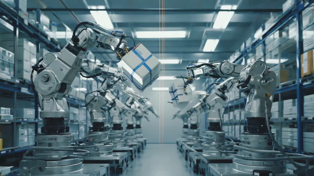 Robotic arms handling packages in a warehouse