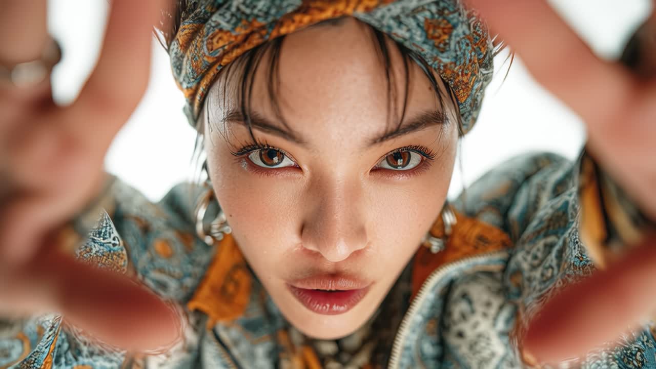 Young woman making faces in slow motion on white background