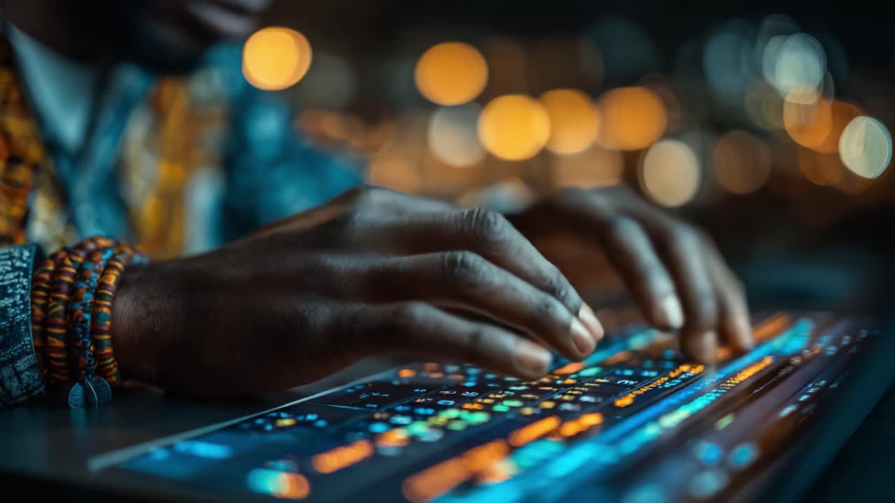 A Close-Up of Hands Skillfully Typing on a High-Tech Keyboard Amidst a Background of Blurred City Lights at Night