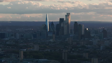 Tight-circling-aerial-shot-of-central-London-skyscraper-cluster