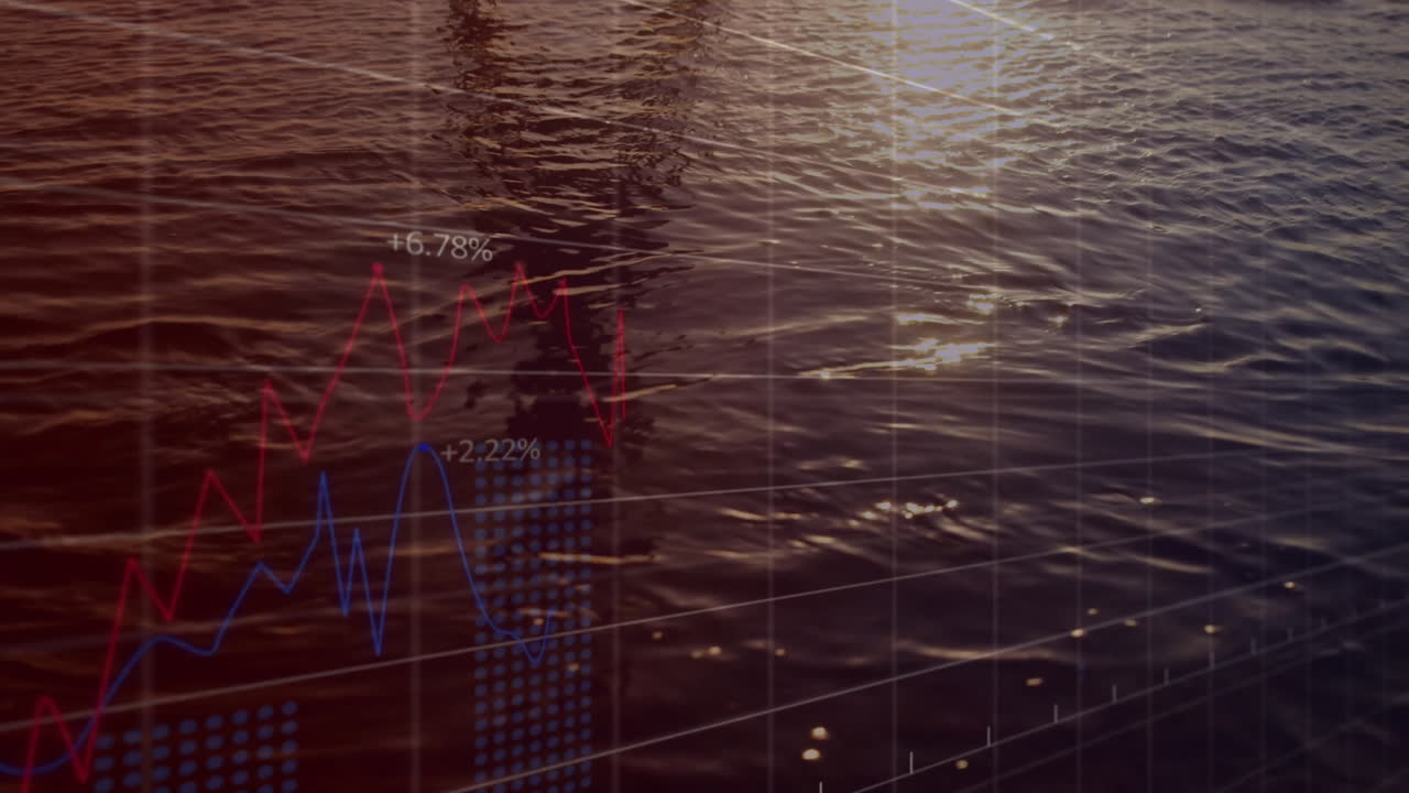 해가 지는 동안 조용한 바다에서 데이터를 처리하는 지도의 애니메이션