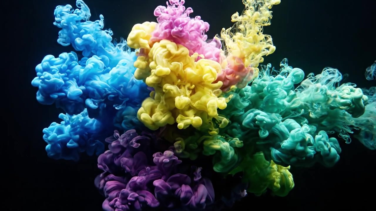 Arte submarino cautivador: Remolinos hipnotizantes de tinta de colores fusionándose a la perfección a través de fondos de agua negra.