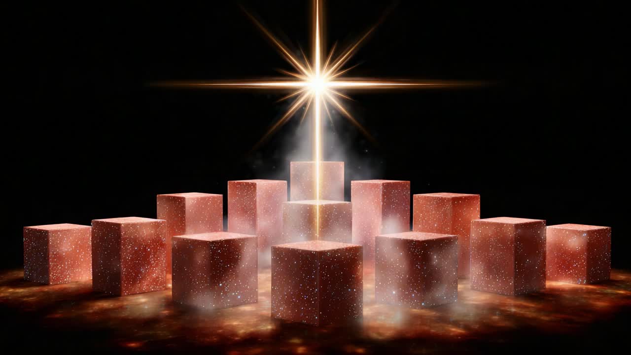 A mesmerizing arrangement of illuminated cubes radiating energy from a central glowing star, creating a captivating visual spectacle that draws the viewer into an enchanting world of light and illusion