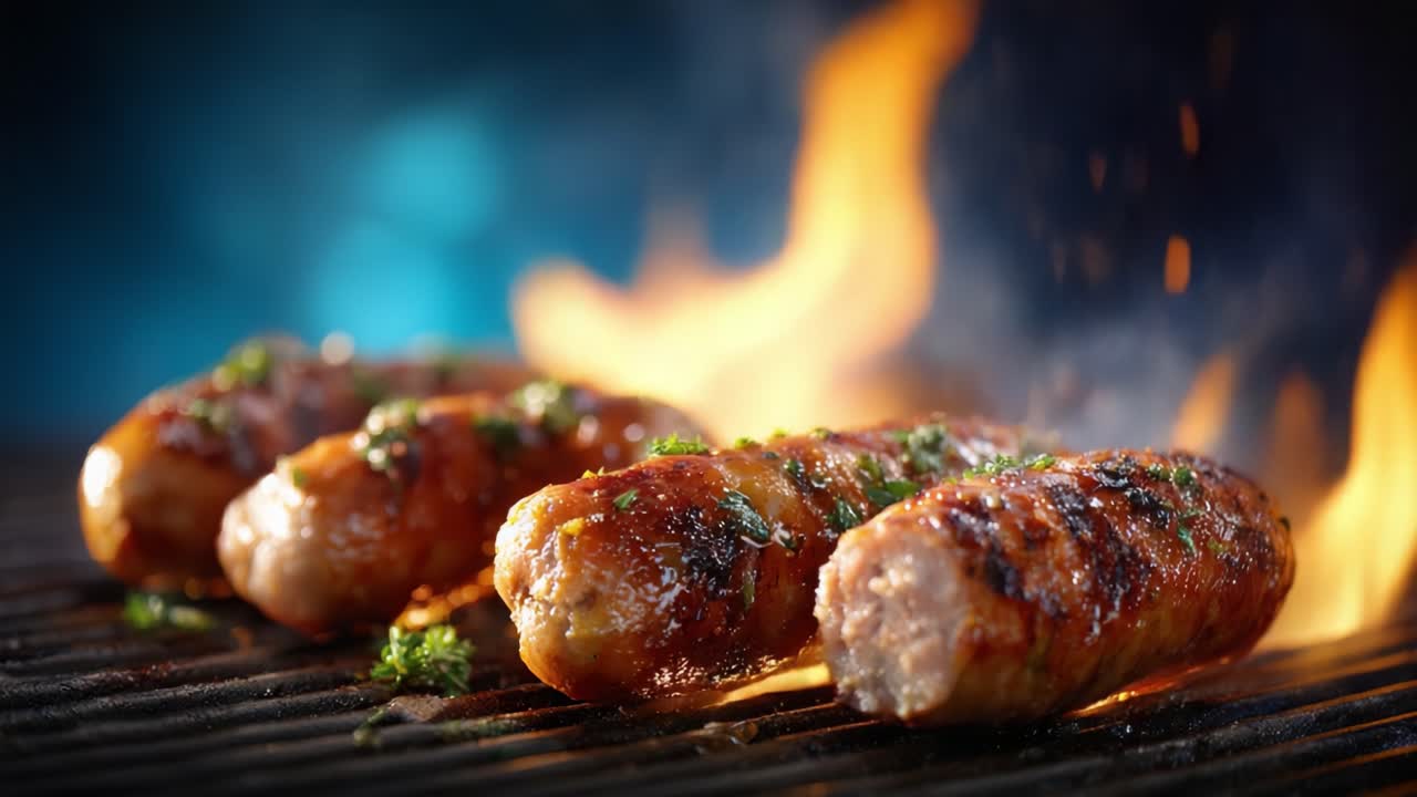 Salsicce sfrigolanti sulla griglia: una succulenta delizia culinaria con fiamme che danzano sullo sfondo, perfetta per barbecue e incontri all'aperto.