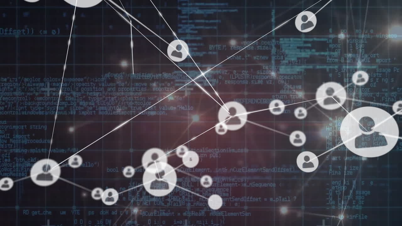Animation of network of people icons over processing data on black background