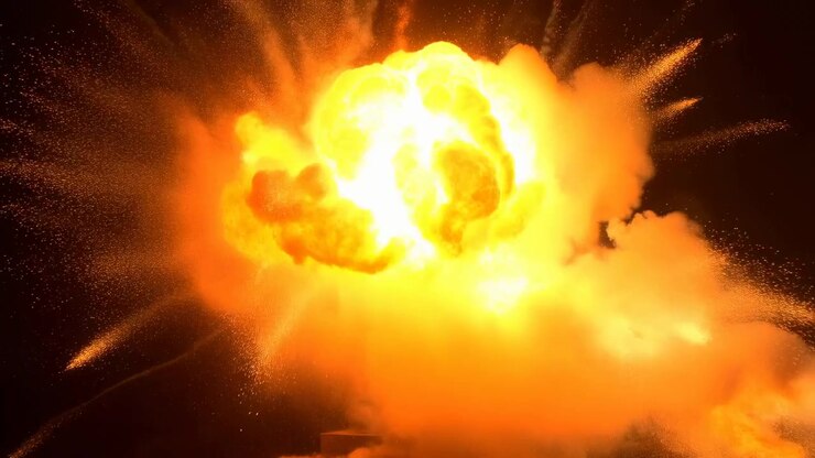 Fiery yellow and orange cloud grows from compact flash into broad rounded plume, with radiating particles, curling smoke, and intense light isolated in darkness.