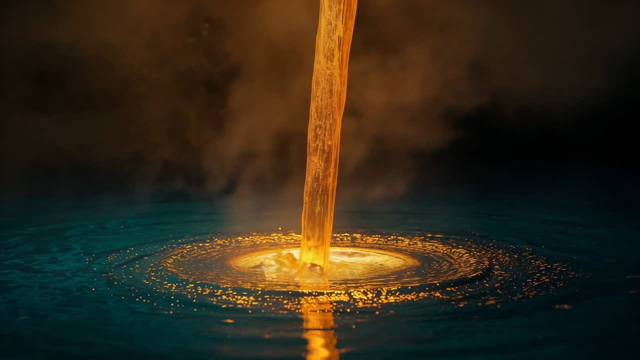 Descending molten metal stream hitting teal pool in shop, sending ripples and droplets amid smoke