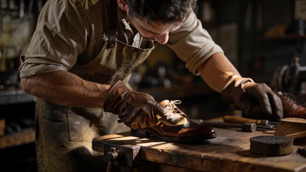 Colocando o sapato na morsa, sapateiro com avental manchado polindo e lustrando o sapato para intensificar o brilho.