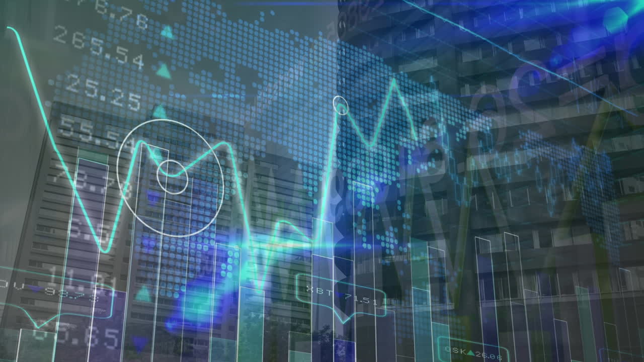 animación del procesamiento de datos y mapa del mundo sobre el paisaje urbano