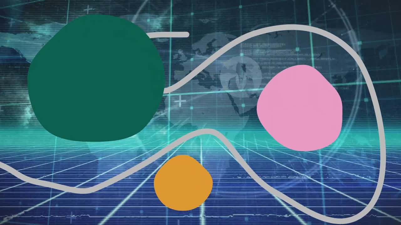 animación de formas y procesamiento de datos sobre fondo azul