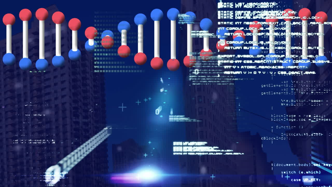 Animation of dna strand spinning with data processing and network of connections
