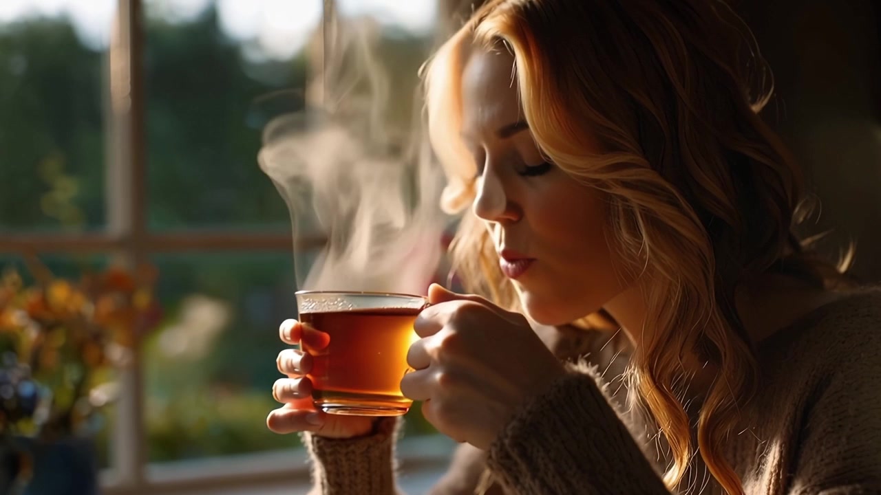 Woman Enjoying a Warm Steaming Cup of Tea by a Window