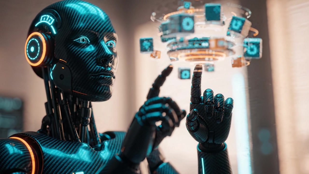 Robot futuristico con proiezioni di dati olografici, che mostra tecnologia avanzata e capacità di intelligenza artificiale in un ambiente digitale altamente dettagliato.