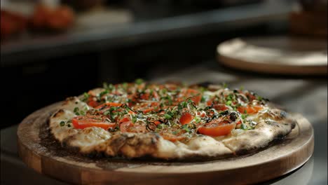 gourmet pizza with fresh tomatoes, microgreens, and herbs is presented on a wooden cutting board in a restaurant kitchen setting, showcasing culinary expertise and appealing food presentation