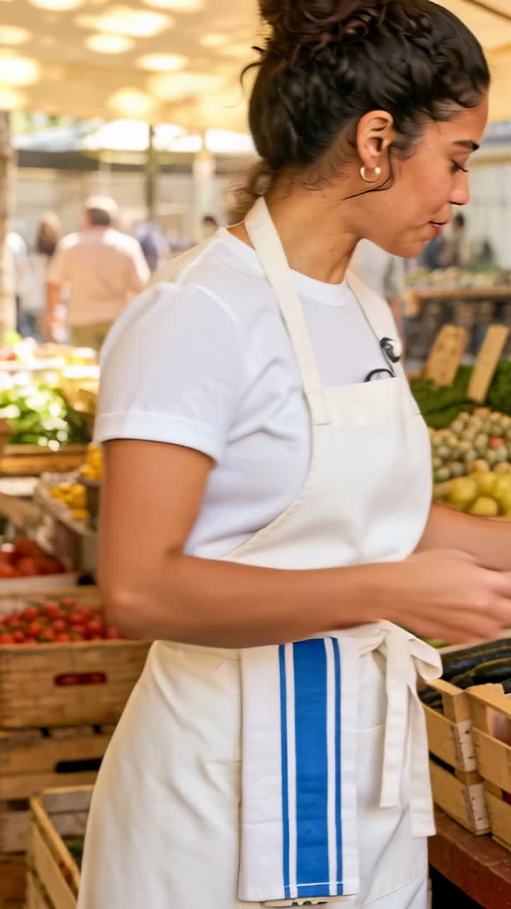 Video verticale: Venditore che inizia il turno, sistema le cinghie del grembiule bianco al mercato e sistema i pomodori