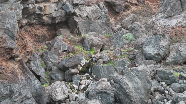 Et lille vandfald løber ned over mørke vulkanske klipper på Tenerife og viser øens naturlige skønhed
