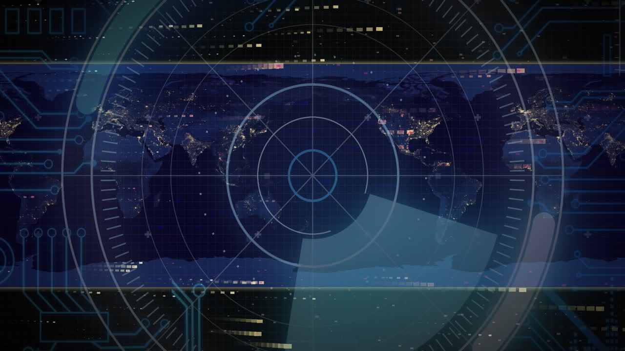 검은 바탕에 있는 세계 지도 위의 범위 스캐닝과 데이터 처리 애니메이션