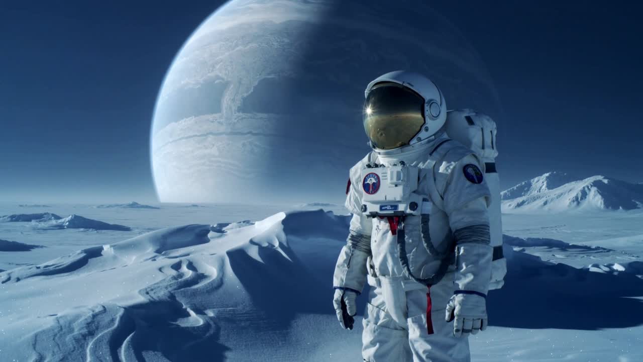 Overvågende astronaut i hvid dragt justerer visiret, mens kameraet bevæger sig tættere på en isfyldt slette, plads til tekst