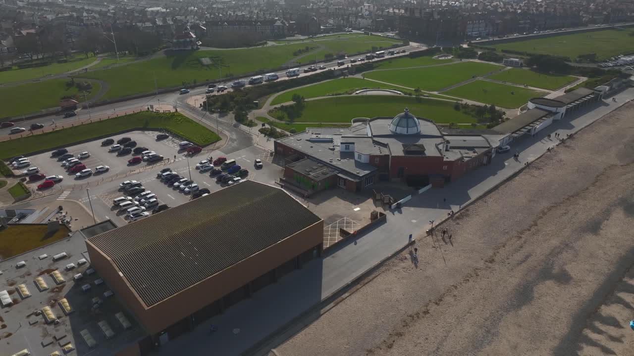 Marine Hall Fleetwood aerial view with presentation flight path to front of building. Lancashire, UK.