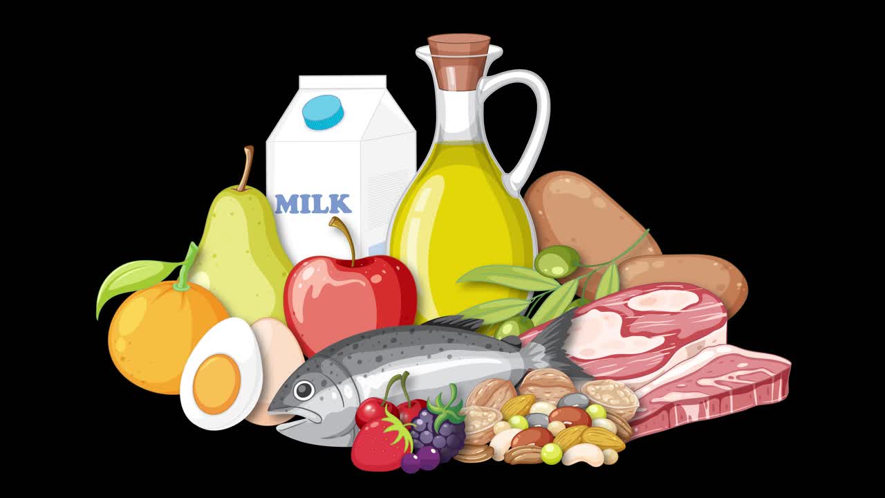 Various food group illustrations smoothly transition and expand, highlighting healthy diet diversity and nutrition
