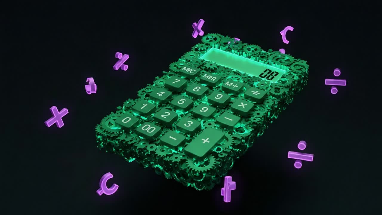 A Futuristic Calculator Rendered with Gear Mechanisms and Floating Mathematical Symbols Showcasing Innovation in Numerical Computing Technology