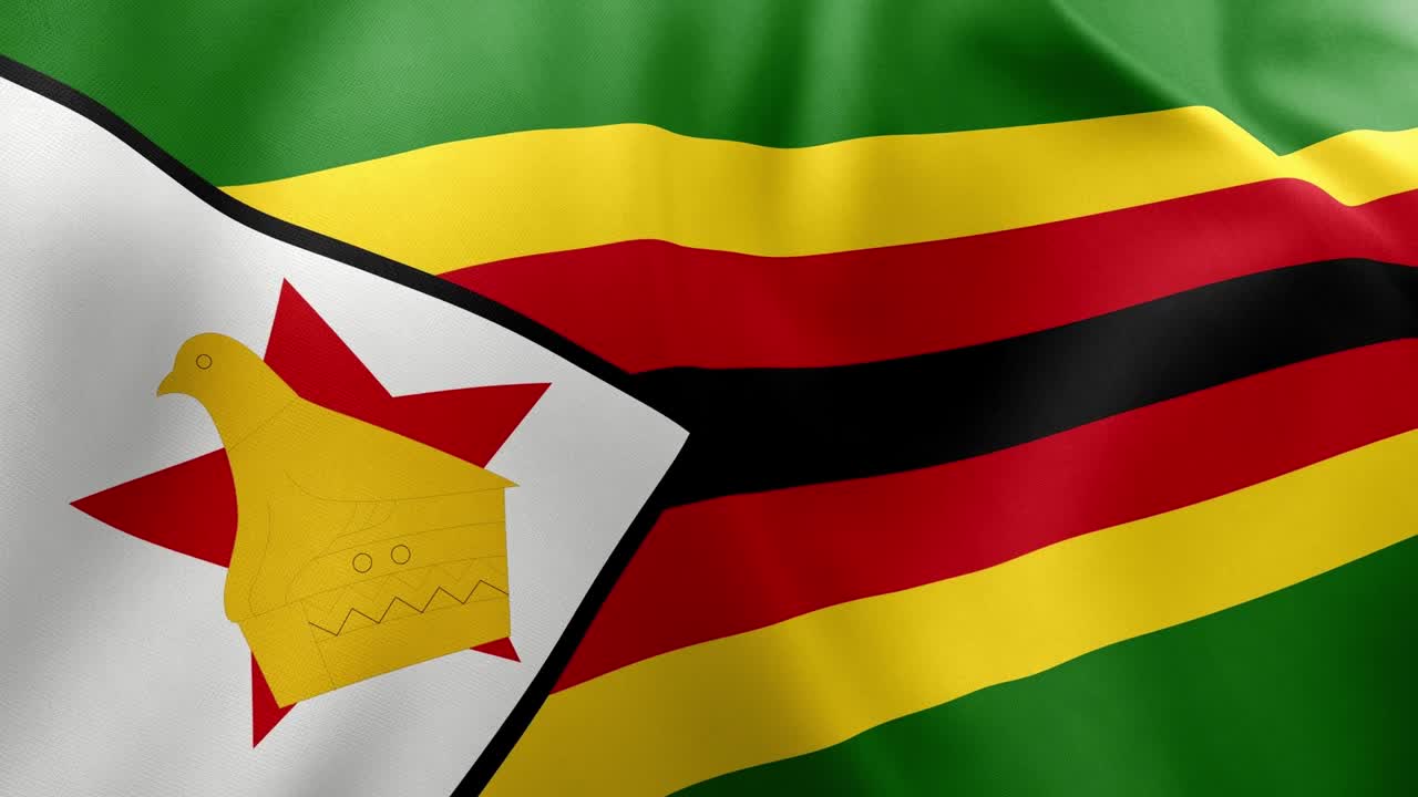 Waving flag of Zimbabwe animation, stripes with bird and star symbol, national emblem