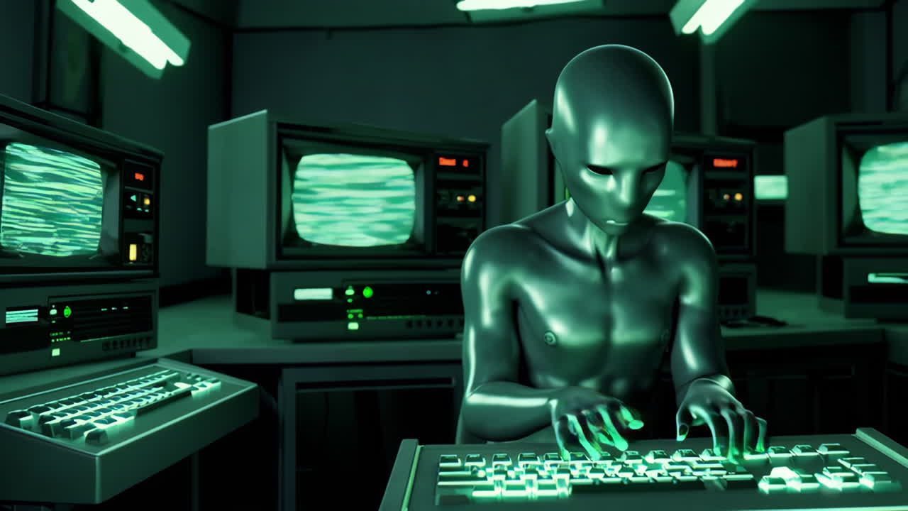 Alien Programmer in Retro Computer Room