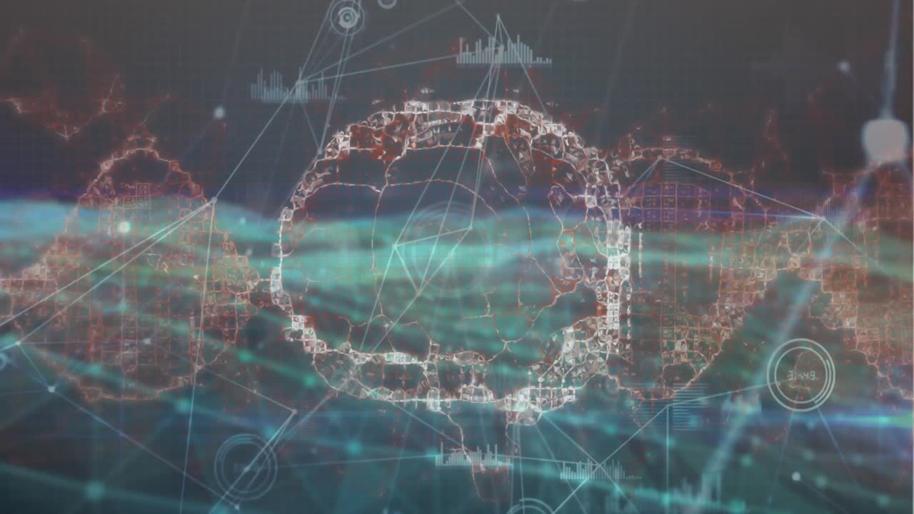 회전하는 인간 뇌 아이콘과 디지털 파동에 대한 연결 네트워크의 애니메이션