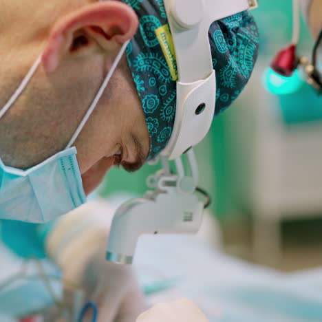 surgeons' faces at work. profile view of doctors in medical masks and surgical light on head perform an operation in clinic. close-up.